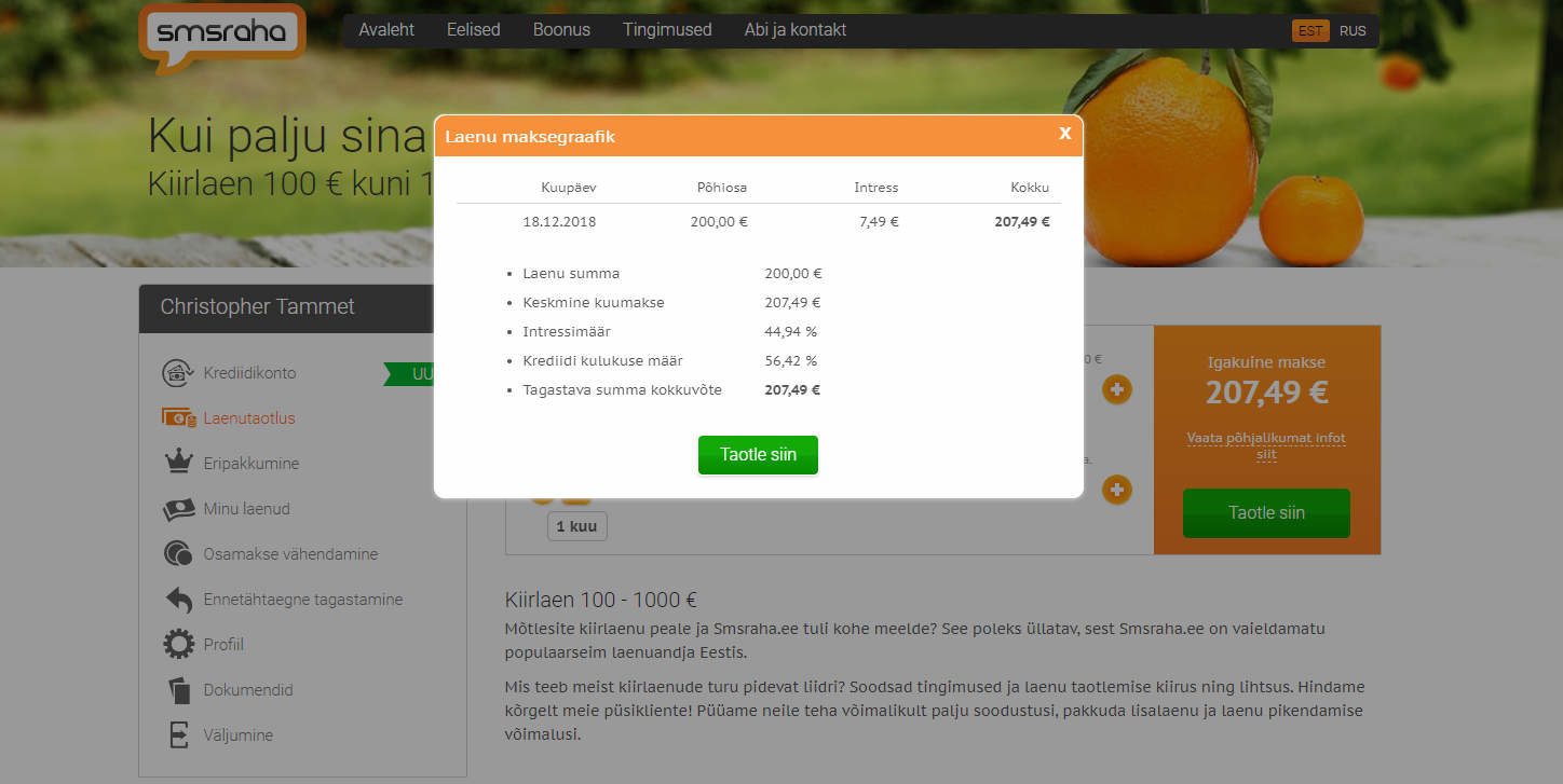 kiirlaen 1 kuuks smsraha