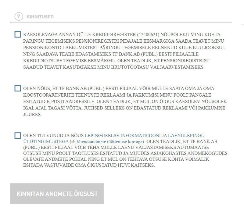 tfbank laen - väikelaenu taotluse vorm 2